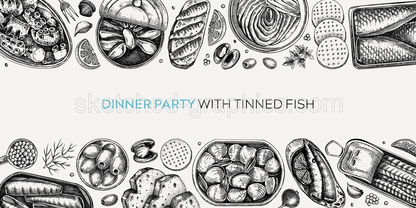 Hand-drawn canned fish border design. Vector seafood background. Sardines, anchovy, mackerel, tuna, mussels in tin cans, fish canapes, olives, crackers and lemons sketches. Tinned fish set Illustration